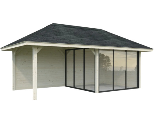 Holzgartenhaus mit Glasfront und Satteldach