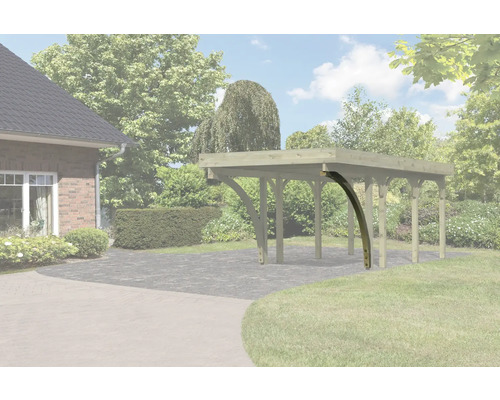 Abgebildet ist ein Carport aus Holz mit abgerundeten Eckverbindungen vor dem Hintergrund eines Hauses und Gartens.
