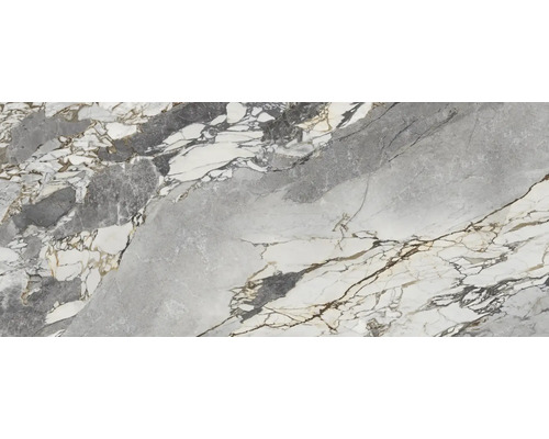 Feinsteinzeug Wand- und Bodenfliese Wandfliese Gravel Stone 120 cm x 280 cm x 0,6 cm matt tiefenstruktur rektifiziert Fliesenmuster in Marmoroptik mit grauen und weißen Adern