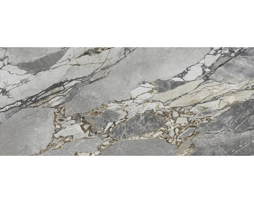 Feinsteinzeug Wand- und Bodenfliese Wandfliese Gravel Stone 120 cm x 280 cm x 0,7 cm glänzend rektifiziert Fliesenmuster mit Marmoroptik