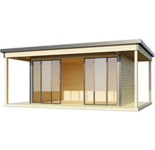 Holzgartenhaus mit Schiebetüren und überdachter Terrasse
