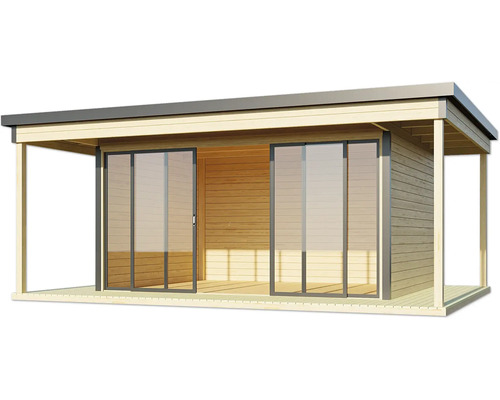 Holzgartenhaus mit Schiebetüren und überdachter Terrasse