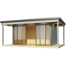 Gartenhaus mit Schiebetüren und Überdachung.