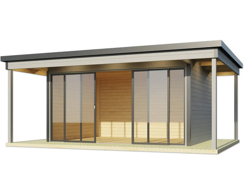 Gartenhaus mit Schiebetüren und Überdachung.