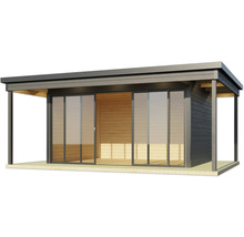 Modernes Gartenhaus mit Schiebetüren und Holzverkleidung