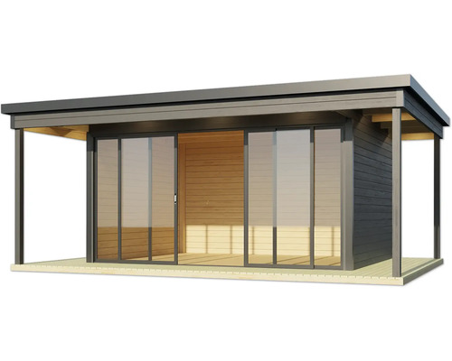 Modernes Gartenhaus mit Schiebetüren und Holzverkleidung