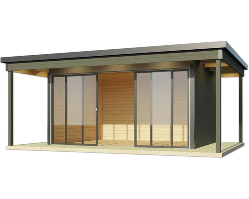 Holzgartenhaus mit Schiebetüren und Vordach