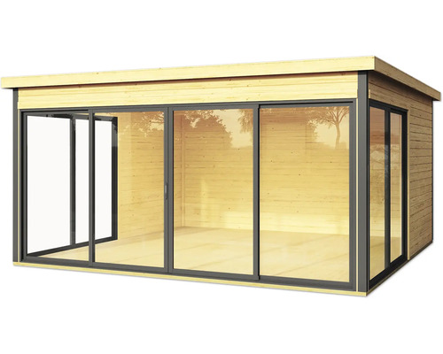 Holzgartenhaus mit Glasschiebetüren für den Außenbereich