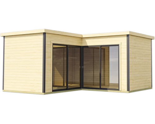 Eckgartenhaus mit Schiebetüren und Holzfassade