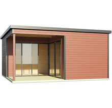 Gartenhaus mit Schiebetüren und überdachter Terrasse