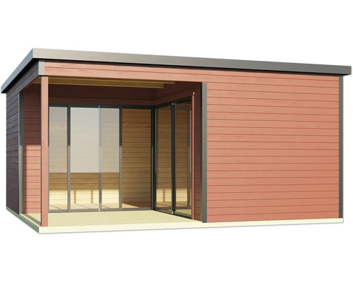 Gartenhaus mit Schiebetüren und überdachter Terrasse