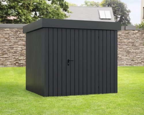 Gerätehaus Hörmann EcoStar Euroline Flachdach, Einzeltür 237 x 229 cm anthrazit Geräteschuppen aus Metall mit Tür und Griff im Garten