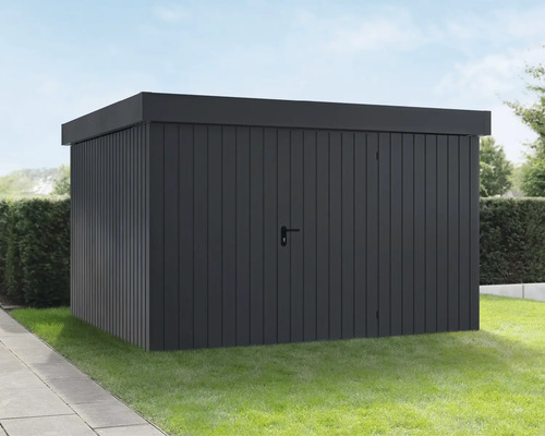 Gerätehaus Hörmann EcoStar Euroline Flachdach, Einzeltür 333 x 325 cm anthrazit Dunkler Geräteschuppen aus Holz im Garten auf Rasen