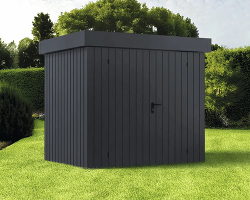 Gerätehaus Hörmann EcoStar Euroline Flachdach, Doppeltür 237 x 181 cm anthrazit Rechteckiges Gartenhaus mit Tür auf Rasenfläche