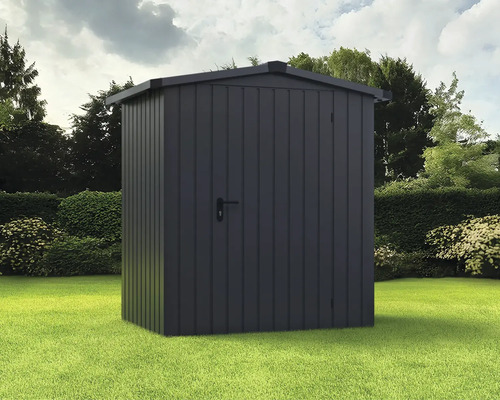 Gerätehaus Hörmann EcoStar Euroline Satteldach, Einzeltür 189 x 134 cm anthrazit Gartenschrank aus Metall auf einer Rasenfläche