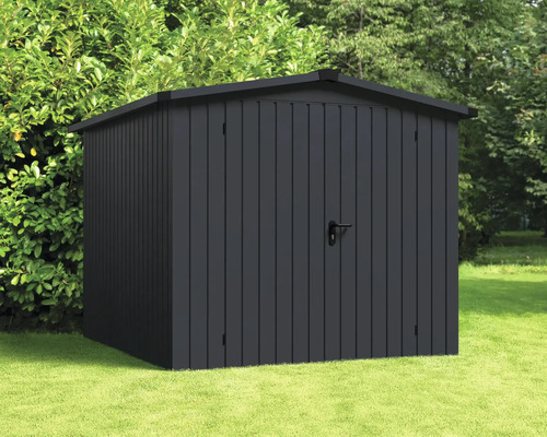 Gerätehaus Hörmann EcoStar Euroline Satteldach, Doppeltür 237 x 278 cm anthrazit Schwarzes Gartenhaus aus Metall im Garten
