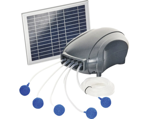 Teichbelüfter Solar Pond 600l/h für Teiche 5 -10 m³, 5 x 3 m Schlauch, Erdspieß und Sprudelstein, Solarpanel 18 V, 10 Watt, Teichdurchlüfter, Luftpumpe Solar Teichbelüfter Set mit Luftpumpe, Solarpanel, Luftschläuchen und Ausströmersteinen für Gartenteiche