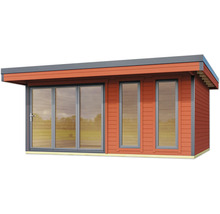 Modernes Gartenhaus mit großen Fenstern und Schiebetür für viel Tageslicht