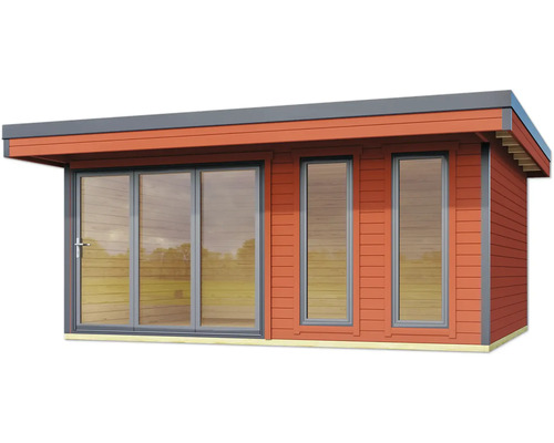 Modernes Gartenhaus mit großen Fenstern und Schiebetür für viel Tageslicht