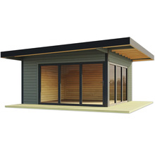 Modernes Gartenhaus mit großen Glasschiebetüren und Flachdach