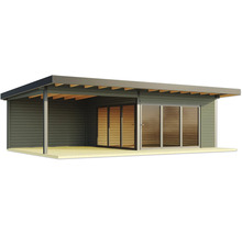 Gartenhaus mit Schiebetür und überdachter Terrasse