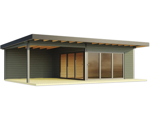 Gartenhaus mit Schiebetür und überdachter Terrasse
