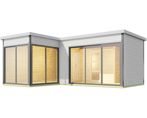 Gartenhaus mit Schiebetüren und Holzverkleidung
