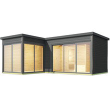 Modernes Gartenhaus mit Schiebetüren und Holzverkleidung