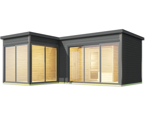 Modernes Gartenhaus mit Schiebetüren und Holzverkleidung