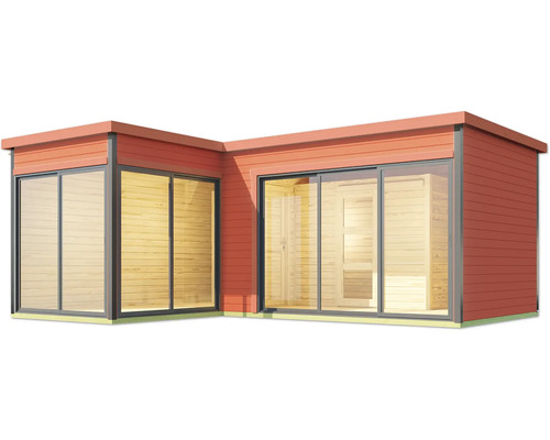 Modernes Gartenhaus mit großen Schiebefenstern