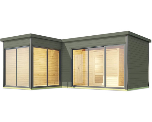 Gartenhaus mit Schiebetüren und Holzverkleidung