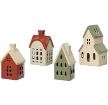 Vier dekorative Häuschen aus Keramik mit Fensteröffnungen