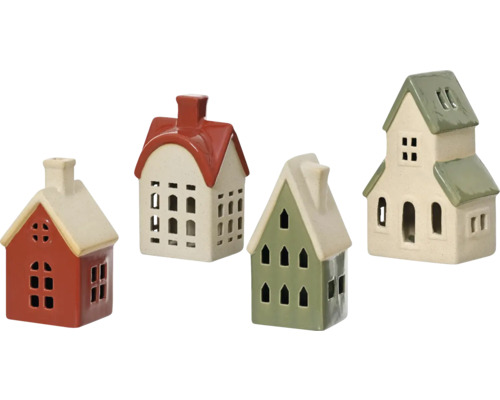 Vier dekorative Häuschen aus Keramik mit Fensteröffnungen
