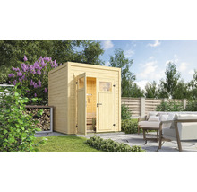 Garten Szene mit Holzgartenhaus und Sitzbereich im Freien