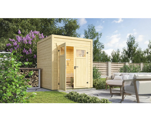 Gartenhaus weka Batu 1 200 x 207,4 cm natur Garten Szene mit Holzgartenhaus und Sitzbereich im Freien