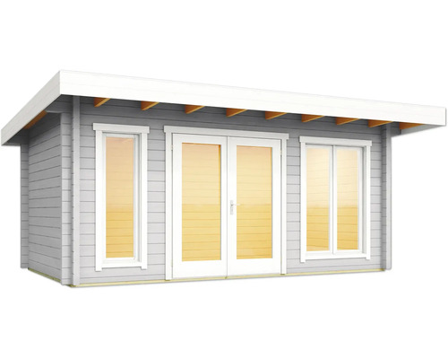 Graues Gartenhaus mit Doppeltür und Fenstern