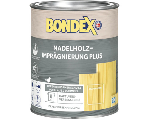 BONDEX Nadelholzimprägnierung Plus- Vorbeugend wirksam gegen holzzerstörende Pilze (Fäulnis),
Bläue und Schimmel - Farblos 750 ml