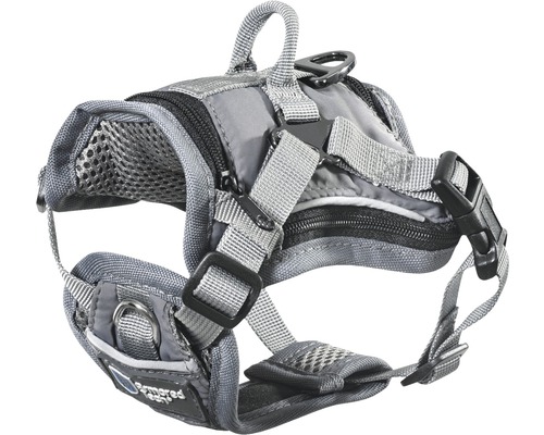 Graues Hundegeschirr mit verstellbaren Gurten und Befestigungsringen