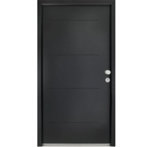 Schwarze Innentür mit horizontalen Zierleisten, Türknauf und Schlüsselloch.