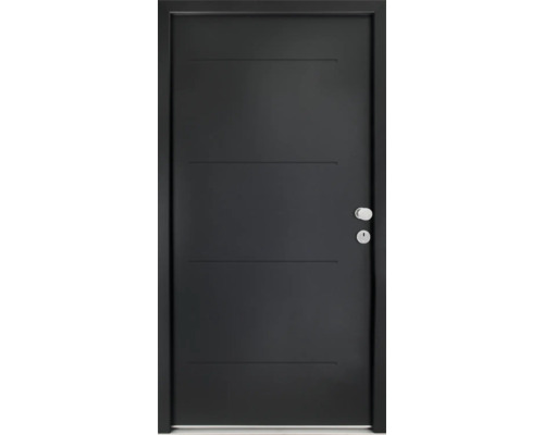Splendoor Wohnungseingangstür L1 Stahl 950x2060 mm Anthrazitgrau DIN Rechts (nach innen öffnend) RC 2 inkl. Beschlagset und Profilzylinder mit 3 Schlüssel,Montageschrauben Schwarze Innentür mit horizontalen Zierleisten, Türknauf und Schlüsselloch.