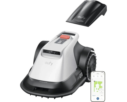 Eufy Robotrasenmäher mit Abdeckung und Smartphone-App-Anzeige