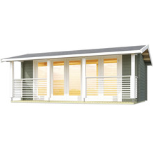 Holzgartenhaus mit Fensterfront und Geländer