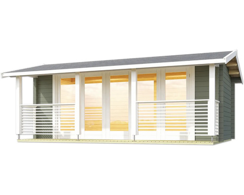 Holzgartenhaus mit Fensterfront und Geländer