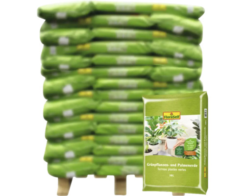 Grünpflanzenerde FloraSelf (60 Sack x 10 Liter=0,6 m³) 1 Palette Stapel Pflanzerde für Grünpflanzen und Palmen