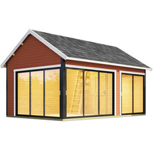 Modernes Gartenhaus mit Schiebetüren und Satteldach