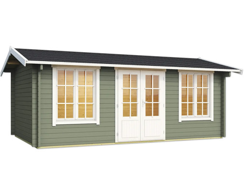 Gartenhaus aus Holz mit Fenstern und Doppeltür