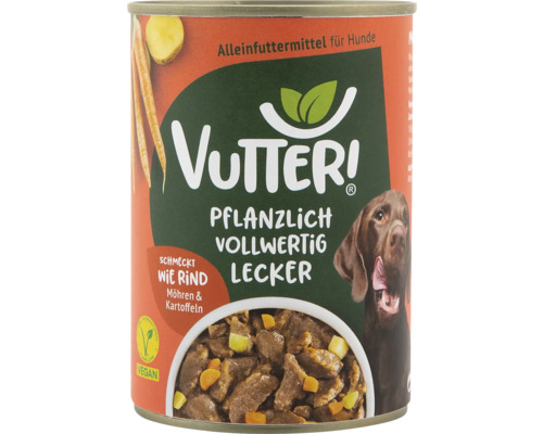 Hundefutter nass Vutter! Schmeckt wie Rind 400 g 100% Vegan Vutter dog food in a can with beef, carrots and potatoes flavor