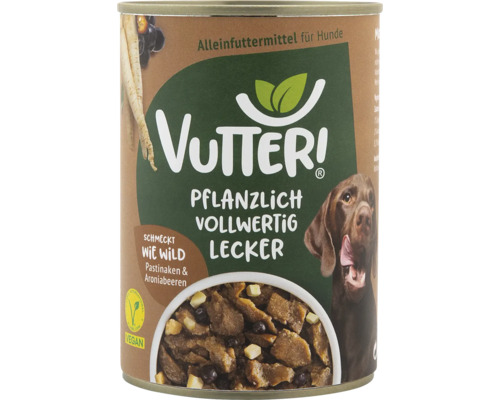 Hundefutter nass Vutter! Schmeckt wie Wild 400 g 100% Vegan Vutteri veganes Hundefutter im Futterdosendesign