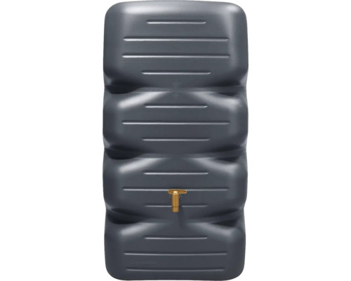 Grauer Regenwassertank mit Wasserhahn