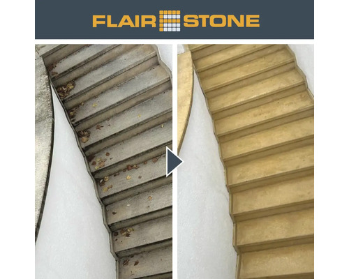 Vorher-Nachher-Bild einer Treppe, die mit einem Steinreiniger behandelt wurde. Flair Stone Logo.